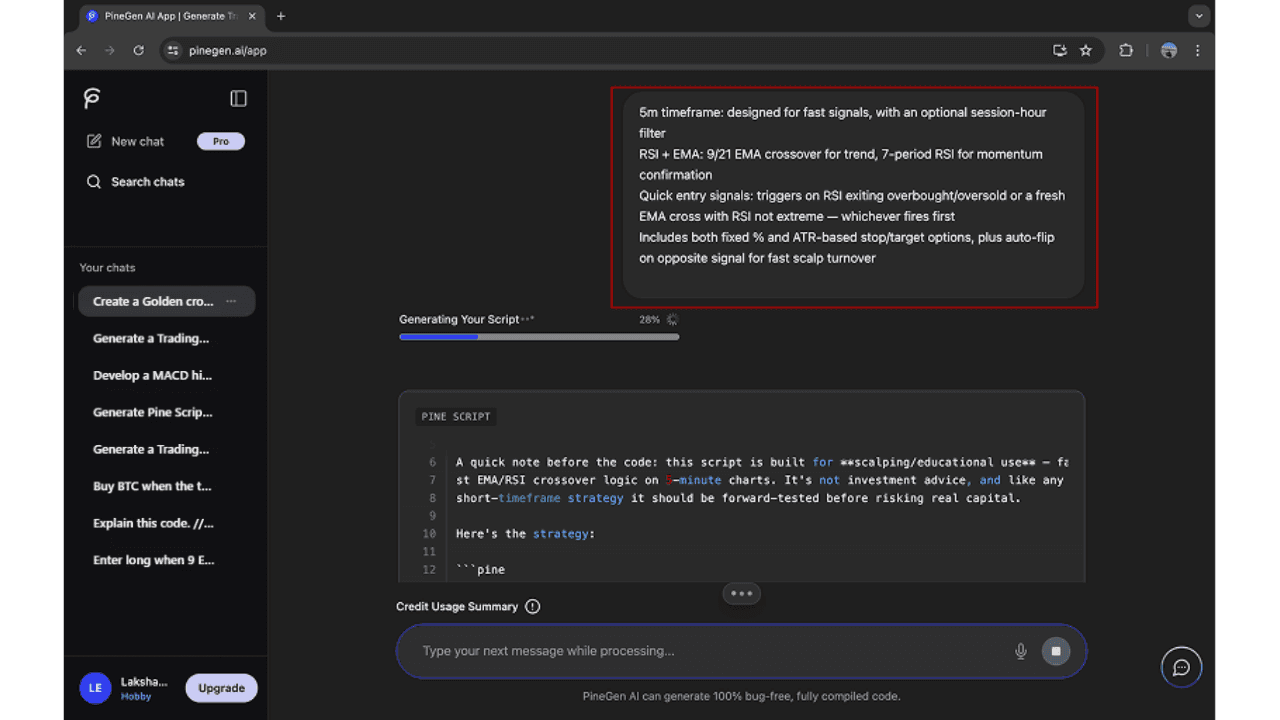 Start the conversation with your first Pine Script request.