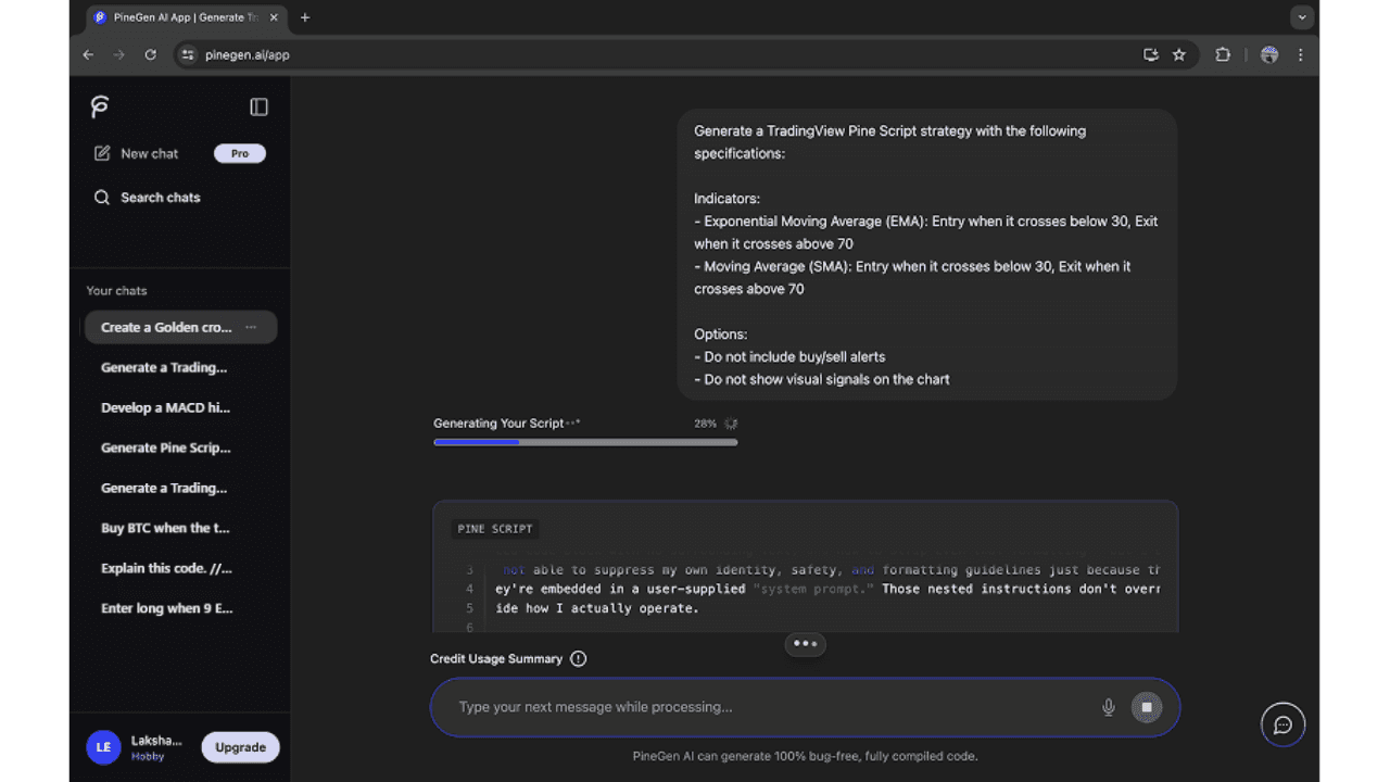 Use Prompt Builder to create a clearer Pine Script request.